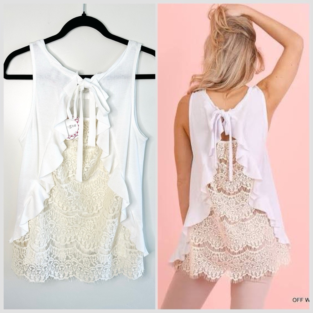 Umgee Boho Lace Tank Top S White‎ Open Tie Back Ruffle Cottagecore Romantic NWT